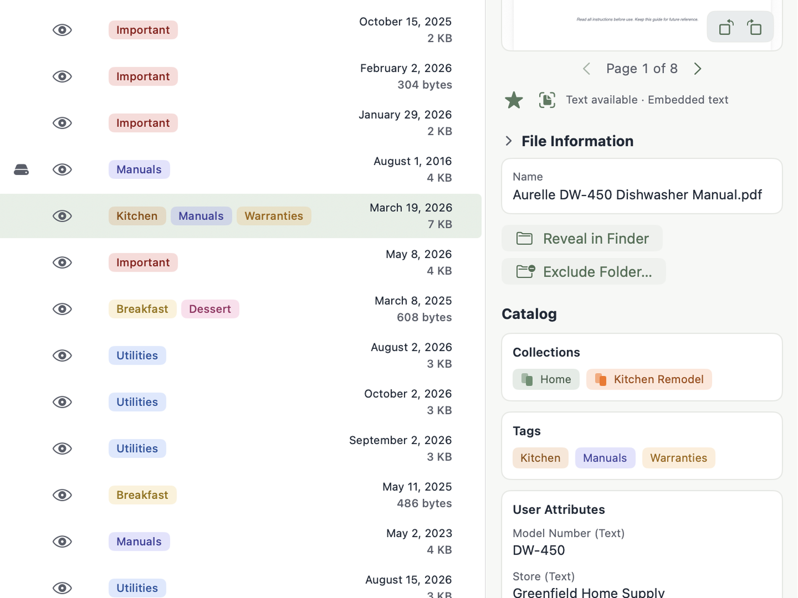 The Inspector for a dishwasher manual, showing its collections, tags and User Attributes