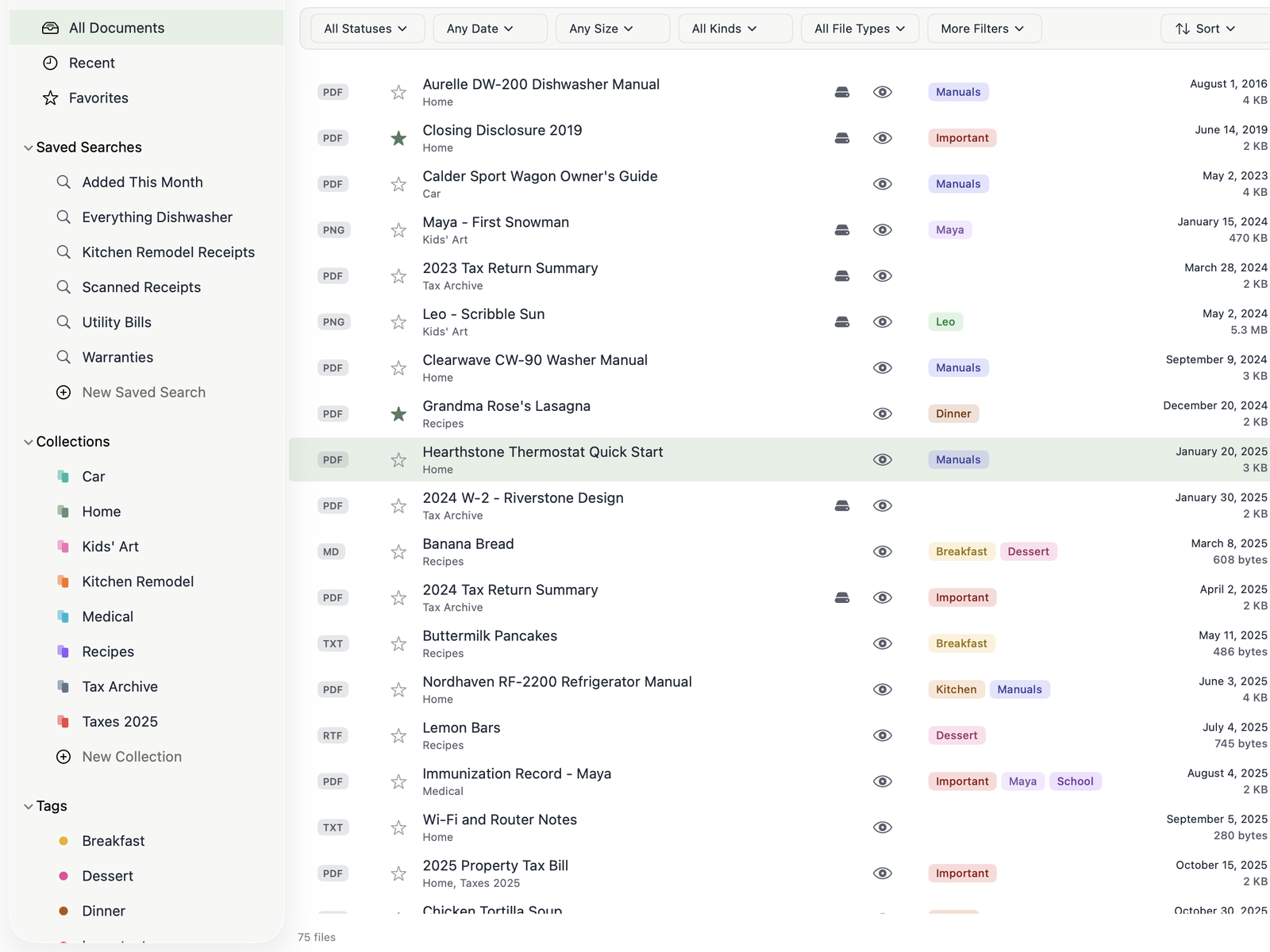 Sidebar with colored collections such as Car, Home, Kids’ Art and Recipes, beside documents with their tags