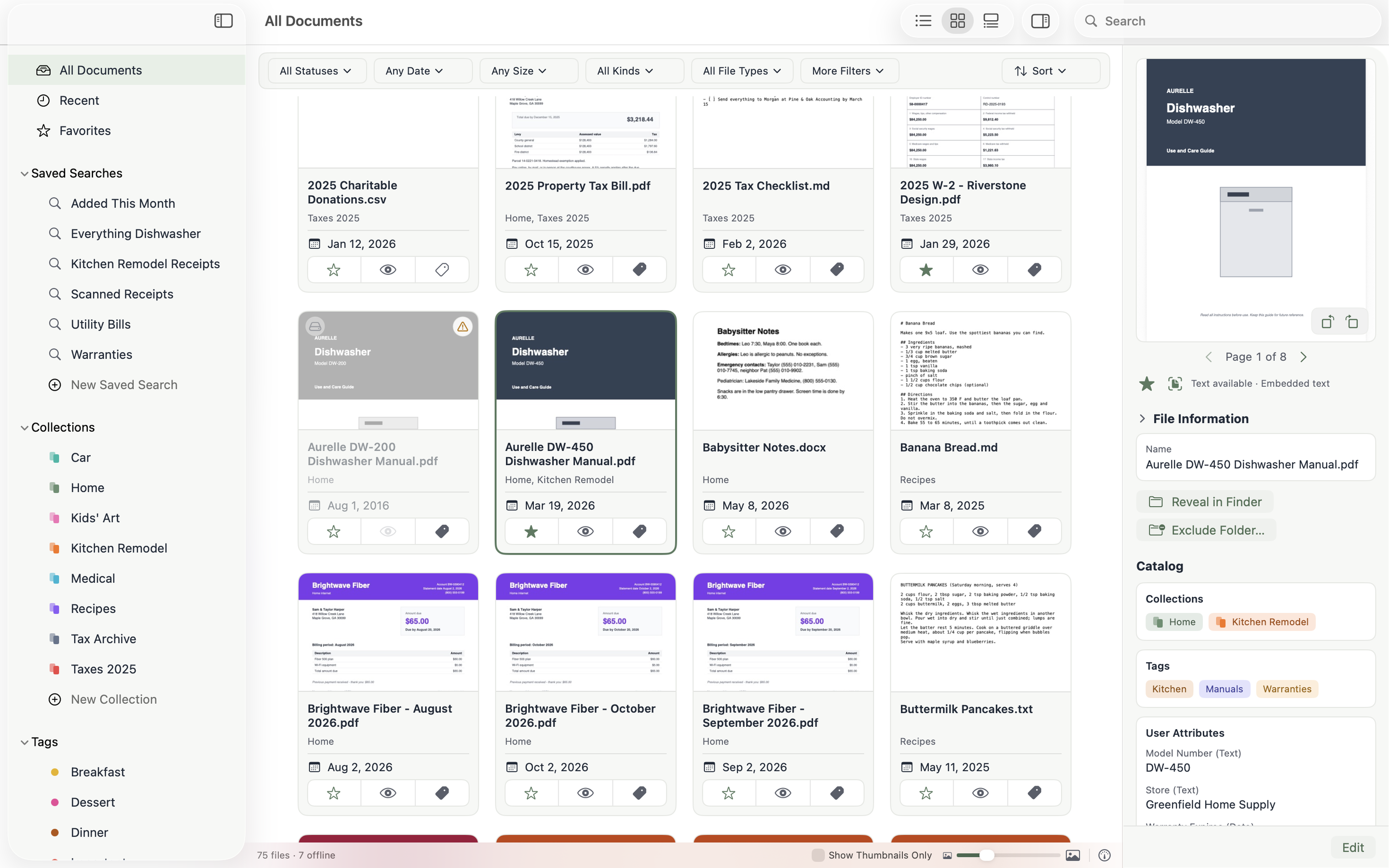 Librium main window in Thumbnail view, with saved searches, collections and tags in the sidebar and the Inspector open beside a dishwasher manual