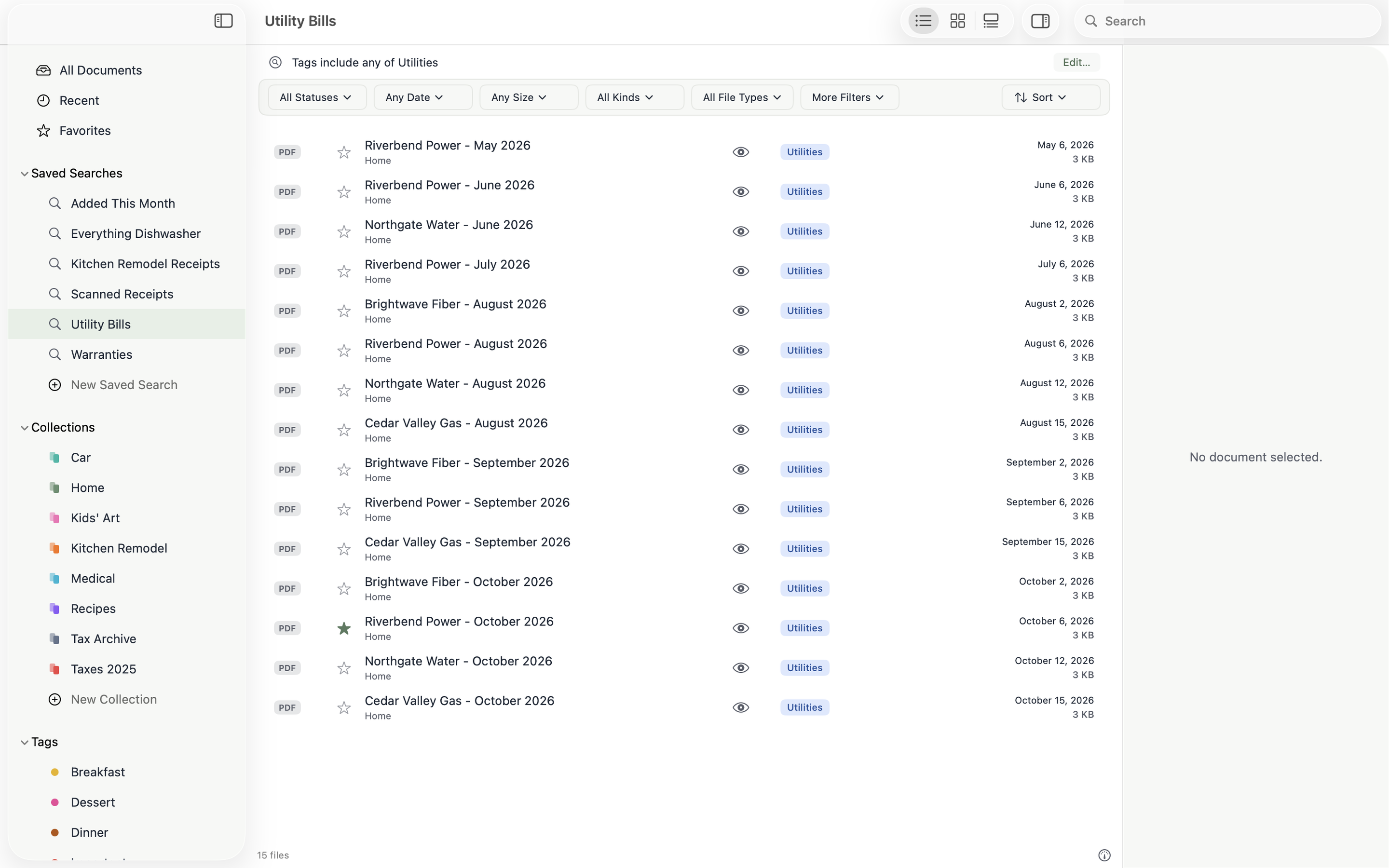 List view of utility bills sorted by date